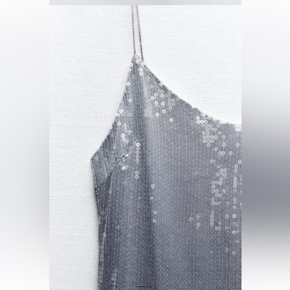 Zara Silver OMBRE Sequin Midi Dress Open Back spaghetti straps Slit size XS NWT - Picture 12 of 16